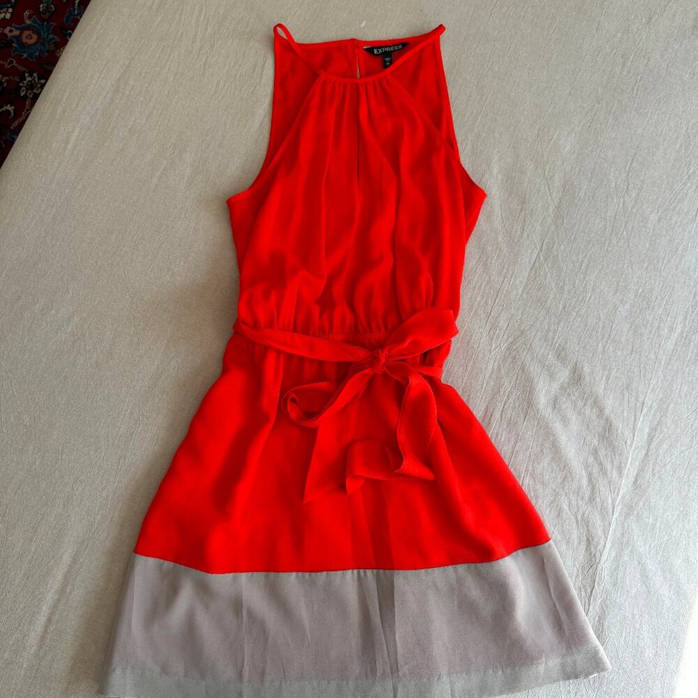 Express Halter Colorblock Orange Tan Sleeveless Lightweight‎ Belted Dress Size S